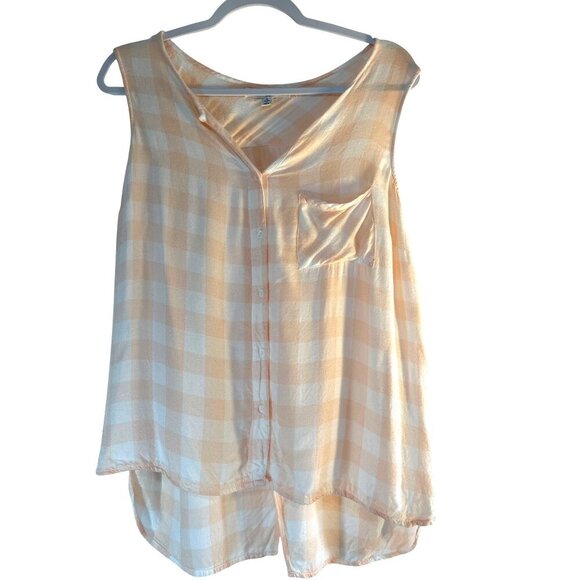 Fever Womens Top Button Sleeveless Hi Lo Split Back Melon/White Squares Size L - Picture 1 of 6